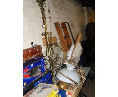 Telescopic brass standard lamp, opaque glass shade, & a chandelier