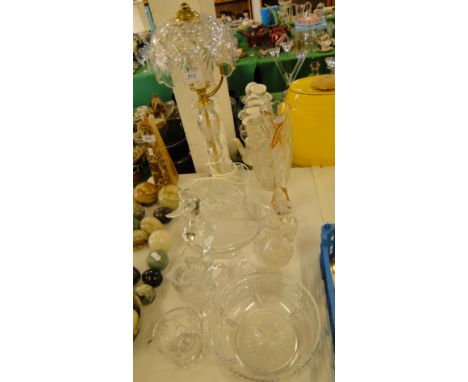 A Cut glass table lamp, glass duck & other glassware