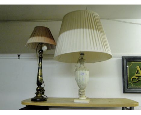 A Gilded ebonised table lamp & shade, & an alabaster lamp with shade