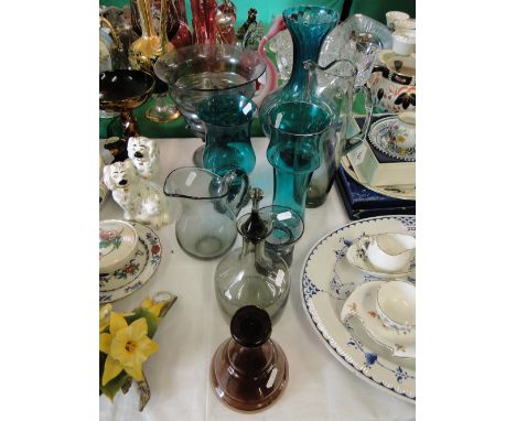 A Whitefriars decanter & water jug, coloured glass vases, etc