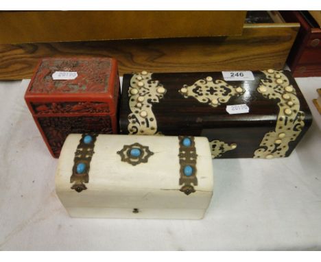 Victorian rosewood glove box with ivory mounts, a cinnabar caddy & a dome top box with inset turquoise stones