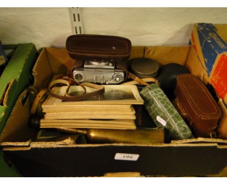 Leather cased cameras, stereoscopic slides, harmonica etc