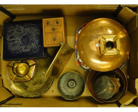 A Ceramic tobacco jar, brass trays, ashtray, cannon shell etc