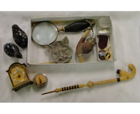 Cloisonne quail, pipe, small carriage clock, etc