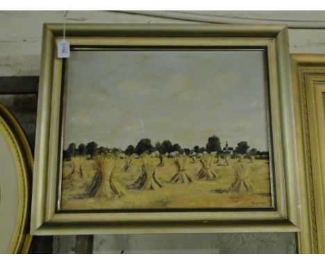 K L Gost,oil on canvas, corn stooks, signed, 16" x 20", framed.