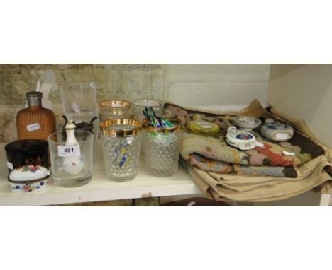 Victorian papier mache box, glass tumblers,tapestry seat covers, scent bottles etc