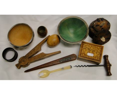 Box of treen items, box of stamps, horn spoon etc