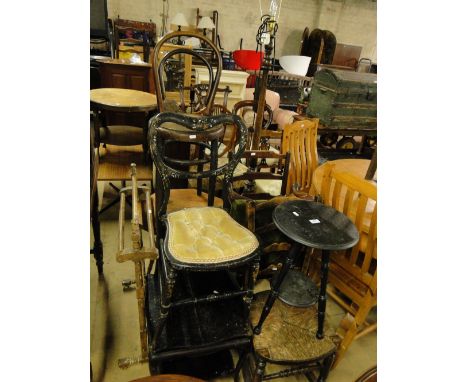 Victorian black lacquered & mother of pearl chair, 2 gypsy tables, rush seat rocking chair, standard lamp, stools etc