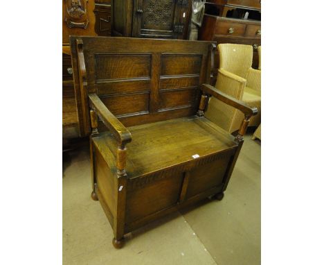 1920s carved & panelled oak monks bench