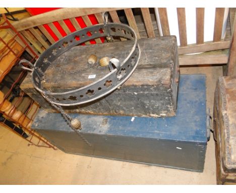 2 pine boxes & a wrought metal chandelier