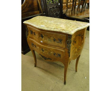 A continental walnut & kingwood serpentine front bombe commode, with shaped marble top, 2 drawers, with ormolu mounts & raise