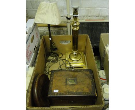 Victorian mahogany sewing box, brass table lamp etc