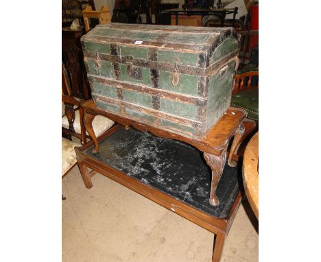 A mahogany coffee table, a burr walnut coffee table & a Victorian dome top trunk