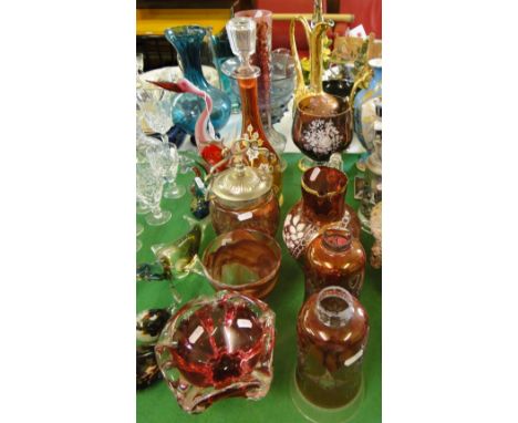 Italian claret jug with enamelled & gilded decoration, decanter, vases, lamp shades etc