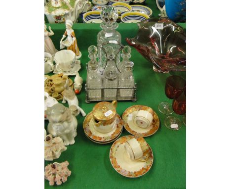 Crystal decanter, a glass condiment set on plated stand, & Satsuma teaware, signed