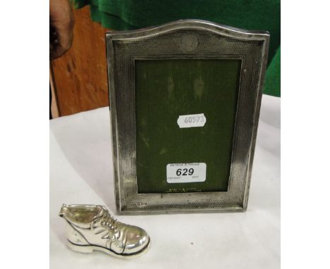 Engine turned silver photo frame by Mappin & Webb, & a continental silver boot