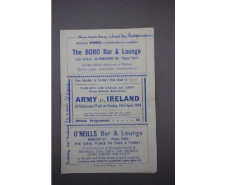  Irish wartime football programme played between The Army v Ireland played 23rd April 1944 with writing to front but otherwis