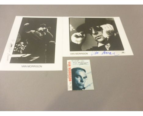 Music Autographs - Van Morrison - Two black & white press photos signed plus a cassette box signed and dedicated