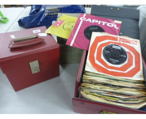 Vinyl - Collection of 45's in 3 carry cases from 1960's onwards, many with orginal company sleeves and automobile picture dis