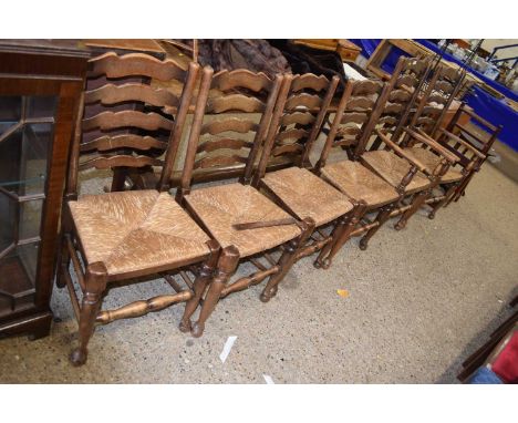 Set of six ladder back rush seated kitchen chairs