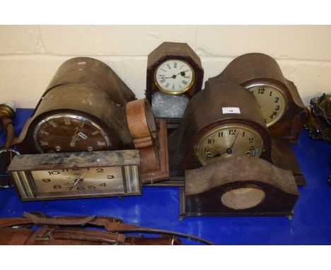 Group lot of early 20th Century oak cased dome topped mantel clocks plus various others and clock cases