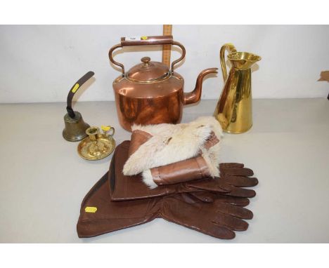Mixed Lot: Copper kettle, brass jug, brass bell, candlestick and a pair of leather gloves and a fur collar