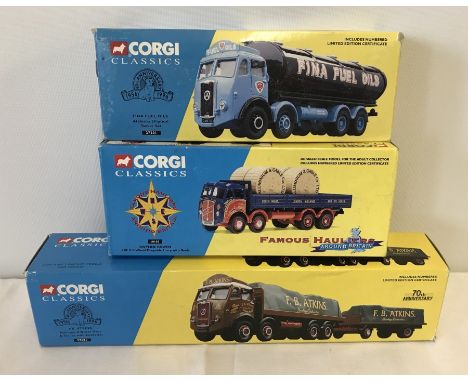 3 boxed Corgi Classics 1:50 scale lorries. 40th Anniversary Fina Fuel Oils Atkinson Elliptical Tanker set & F.B Atkins Atkins