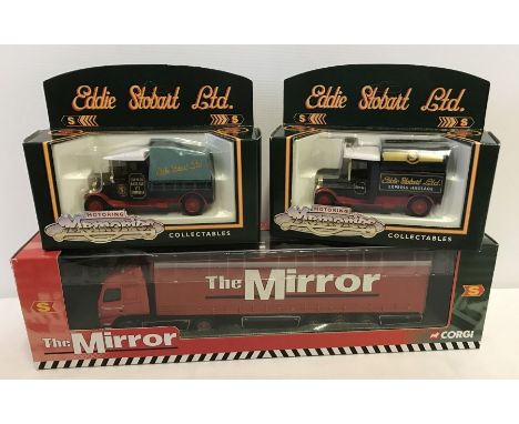 3 boxed Corgi Eddie Stobart vehicles. The Mirror Volvo Curtainside lorry and 2 vintage vans. 