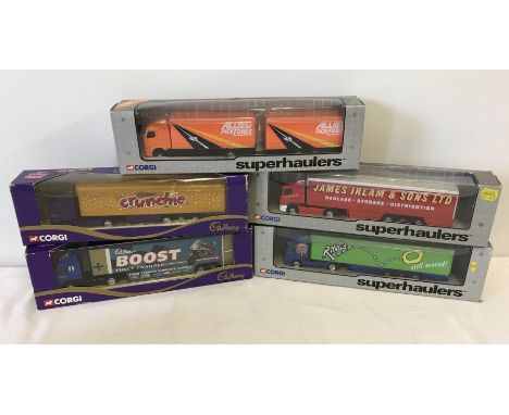 5 boxed Corgi Superhauler lorries. Comprising; James Irlam & sons Ltd Scania curtainside, Golden Wonder Ringos Volvo curtains