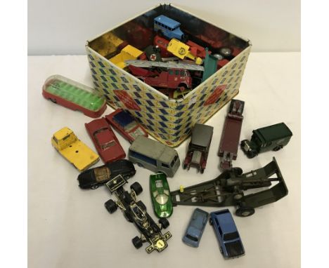 A tin of play worn diecast vehicles. To include Lesney, Dinky, Corgi & Lledo. 