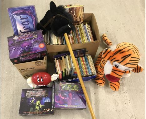 A quantity of assorted vintage books, games & soft toys. To include 1970's Dr. Who Target paperbacks, Hobby horse, Tigger sof
