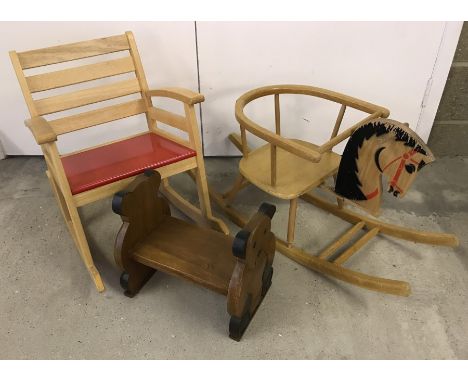 A child's vintage wooden rocking horse chair. Together with a child's wooden rocking chair and teddy bear book shelf. 