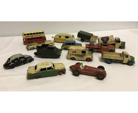 12 unboxed vintage Dinky vehicles together with a Vilmer (Denmark) lorry. To include #232 Alfa-Romeo racing car, #290 Double 