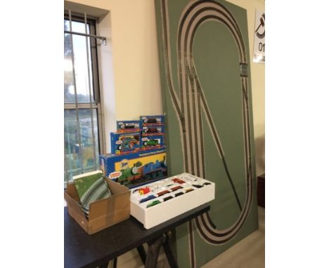 Boxed Hornby OO gauge Thomas the Tank Engine & Percy train set. Together with boxed Duck loco, boxed wagons, sound system, lo