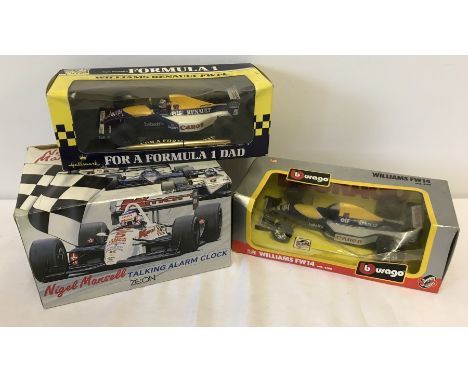 2 boxed Williams Formula 1 racing cars together with a F1 alarm clock. Comprising:- A 1/24 scale Bburago Williams Renault FW1