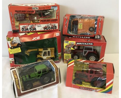 6 Boxed Britains Farm models. JCB Loadall 9519, Massey Ferguson Tractor 9517, Volvo Tractor 9521, Double horse box 9562, Fron