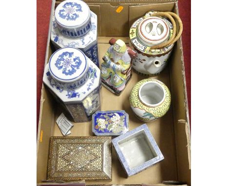 A box of Chinese and other Oriental items, to include two storage jars and covers, teapot, figurine etcSquare blue pot: Hairl