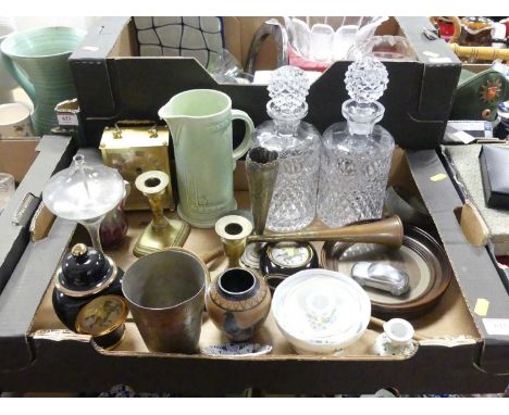 A collection of various items to include a pair of decanters, ceramics and metalware 