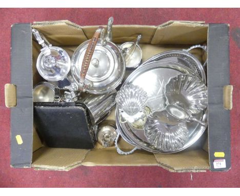 A box of silver plated wares, to include a spirit kettle, napkin ring, silver handled butter knives, etc