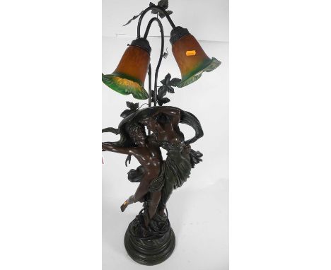 An Art Nouveau style bronzed resin figural twin branch table lamp, height 95cm