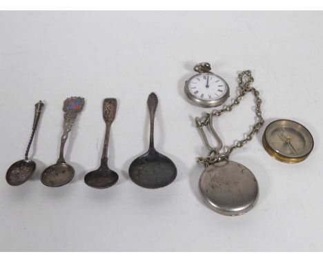 A silver plated fob watch, together with a silver plated compass and various white metal flatware