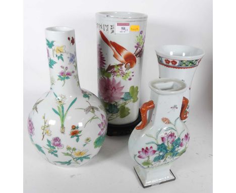 A Chinese bottle vase decorated with flowers and butterflies on white ground together with a further three vases (4)Sleeve va