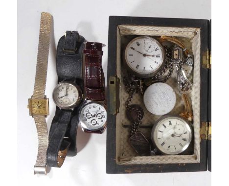 A collection of watches to include; a silver cased trench style wristwatch, silver cased pocket watch on chain, and a Sekonda