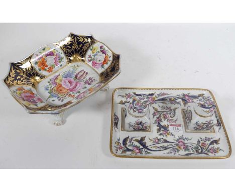 A late 19th century floral and gilt decorated porcelain ink stand with painted Swansea mark, w.26cm, together with a floral d