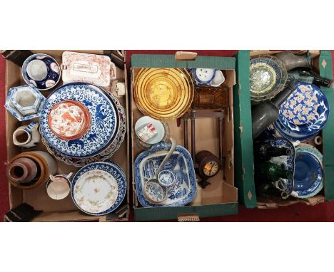 A collection of items to include an amber glass table bowl of ribbed circular form, various ceramics, metalware and a mantel 