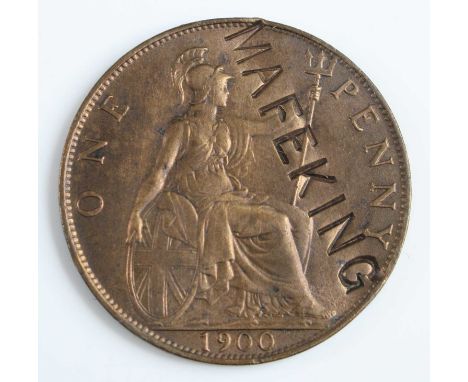 Great Britain, 1900 penny, obv: Victoria veiled bust, rev: Britannia seated with trident and shield, later stamped Mafeking, 