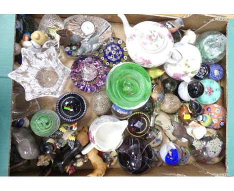 A box containing a Waterford Crystal clock, a large quantity of glass paperweights and ornaments