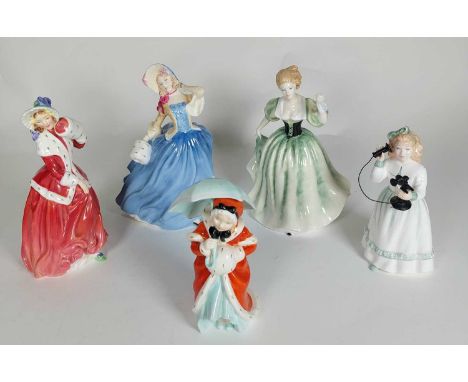 Five Royal Doulton ladies; 'Hello Daddy', 'Miss Muffet', Christmas Morning', 'Autmn Breezes' and 'Lily (5)Overall very good c