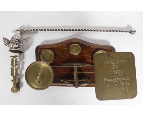 A set of early 20th century postage scales, together with a candle-snuffer and brass scales 
