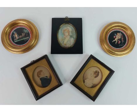 Two Pompeii style gouche scenes in oval frames together with three portrait miniatures (5)